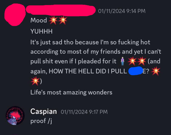 Making Inappropriate Jokes Toward This 15 Year Old (Later calls them hot in response to an image of them as well). Blue is the Minor's Partner